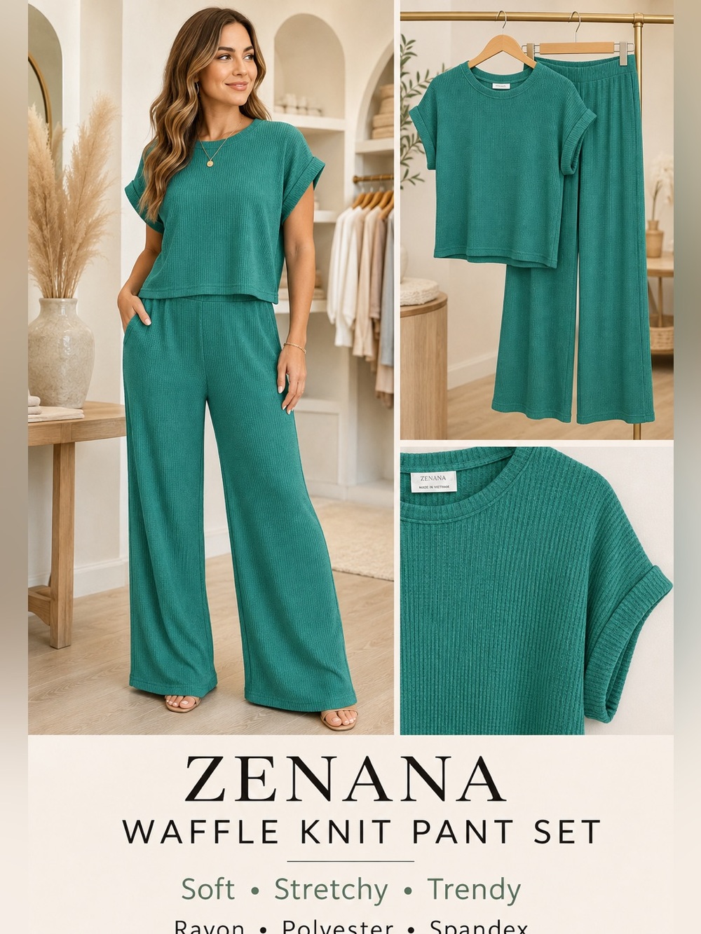 Zenana Outfitters kelly green Waffle Knit Wide-Leg Pant Set